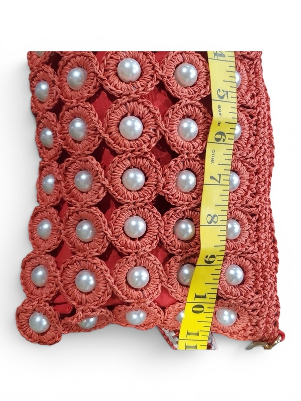 Sharif Red Crochet Pearl Shoulder Bag with Charm Accent - Picture 8 of 11